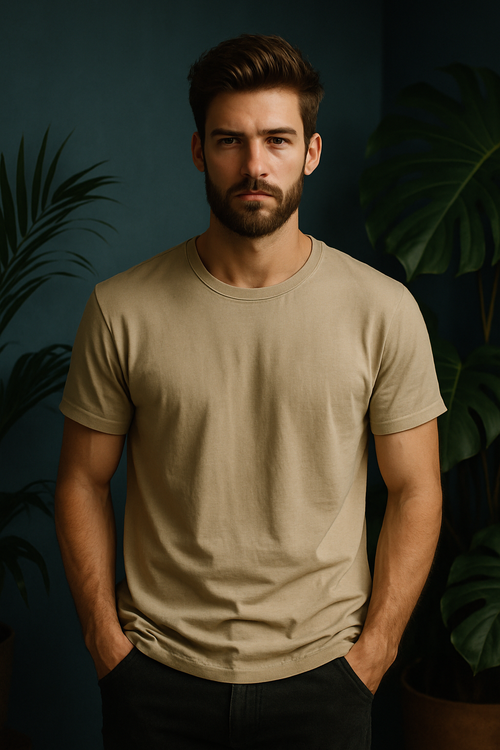 Beige Khaki Regular fit Cotton T-Shirt