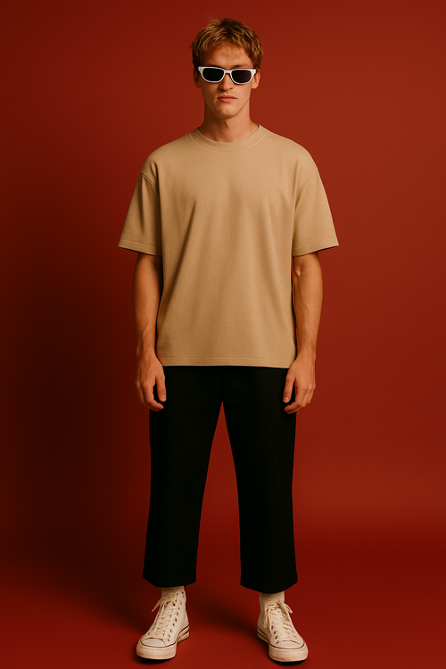 Beige Drop Shoulder Cotton T-Shirt