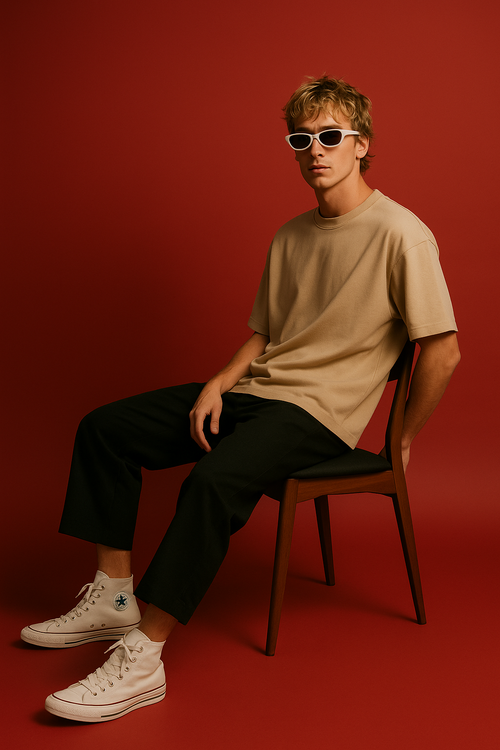 Beige Drop Shoulder Cotton T-Shirt